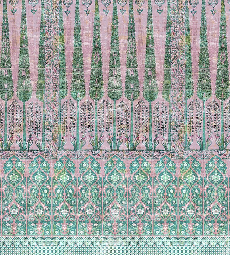 Nicolette Mayer Topkapi Garden Cotton Green Pink Fabric Sample N4TO1C1019