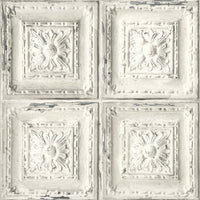 NextWall Distressed Tin Tile Linen & Charcoal Wallpaper NW32100