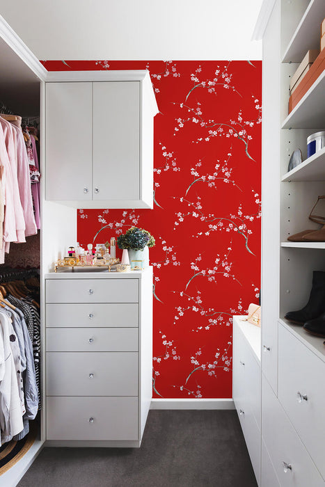 NextWall Cherry Blossom Floral Scarlet & Petal Pink Wallpaper NW38301