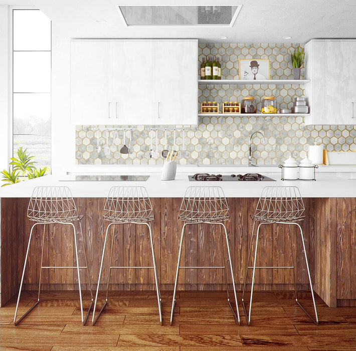 NextWall Inlay Hexagon Alaska Grey & Metallic Gold Wallpaper Sample NW38605