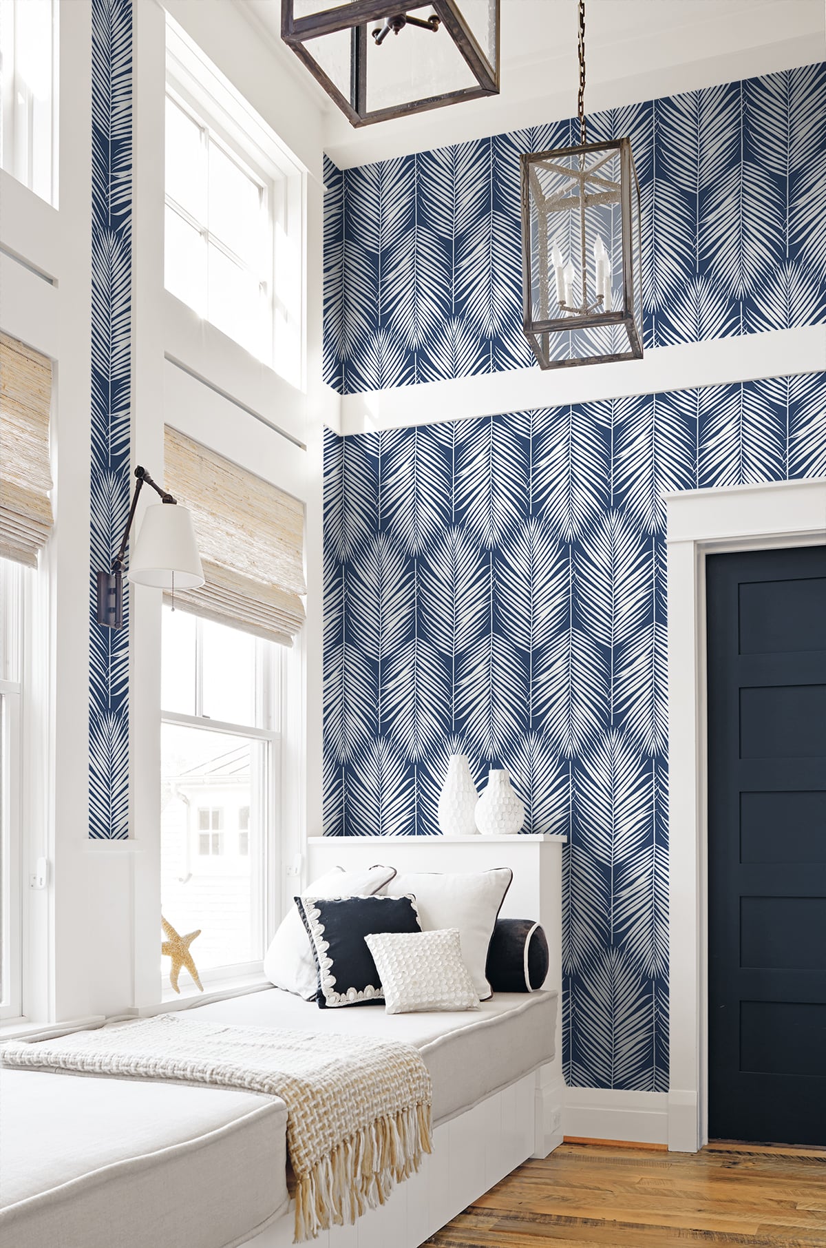 NextWall Palm Silhouette Coastal Blue Wallpaper Sample NW39802