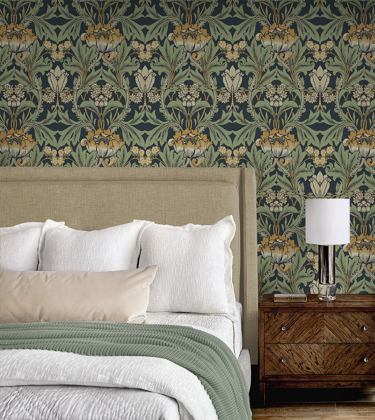 NextWall Primrose Floral Midnight Blue & Goldenrod Wallpaper Sample NW44404