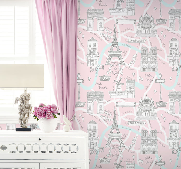 NextWall Paris Scene Pale Pink Wallpaper NW44801