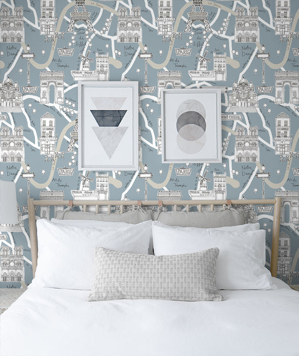 NextWall Paris Scene Smokey Blue Wallpaper NW44802