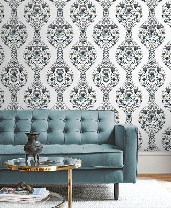 NextWall Floral Ogee Steel & Rustic Taupe Wallpaper NW45000