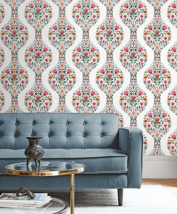 NextWall Floral Ogee Rose Pink & Spruce Wallpaper NW45001