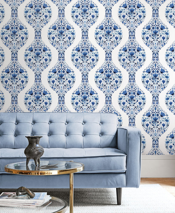 NextWall Floral Ogee Bluestone Wallpaper NW45002