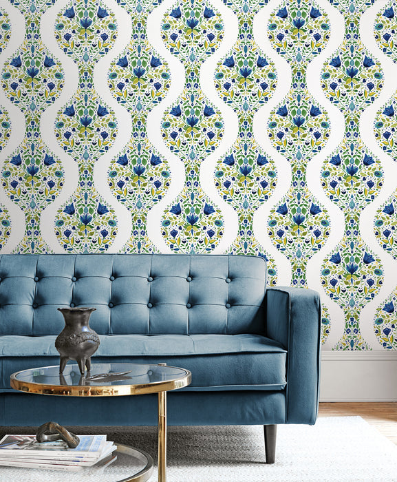 NextWall Floral Ogee Cobalt & Spring Green Wallpaper NW45004