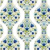 NextWall Floral Ogee Cobalt & Spring Green Wallpaper NW45004