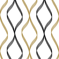NextWall Ogee Ribbon Metallic Gold & Ebony Wallpaper NW45100