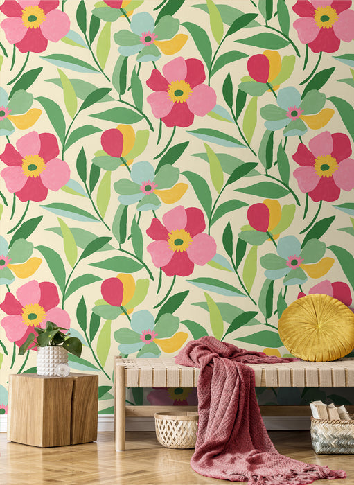 NextWall Garden Block Floral Pink & Kelly Green Wallpaper NW45301