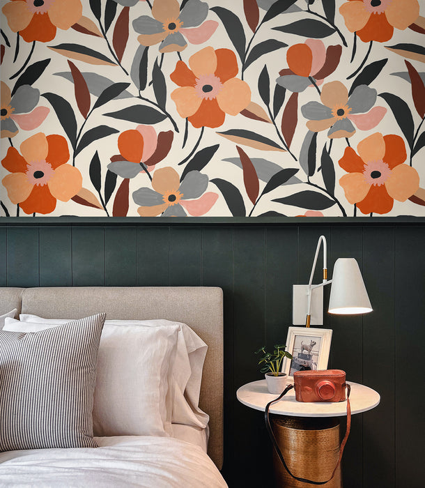 NextWall Garden Block Floral Orange & Ebony Wallpaper NW45306