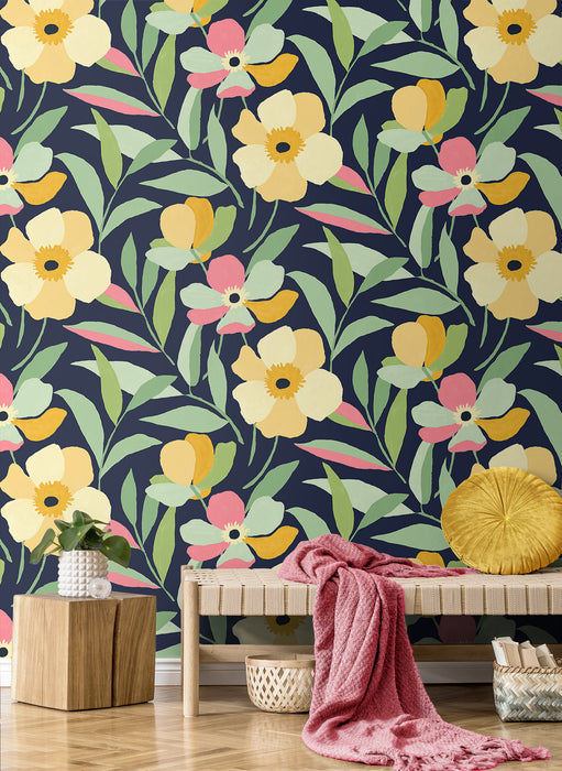 NextWall Garden Block Floral Deep Navy & Pastels  Wallpaper NW45309
