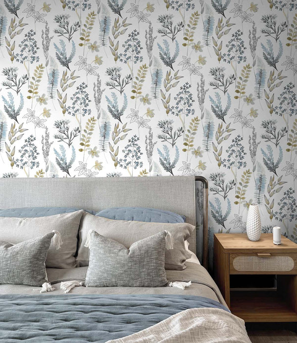 NextWall Wild Garden Glacier Blue & Matte Brass Wallpaper NW45404