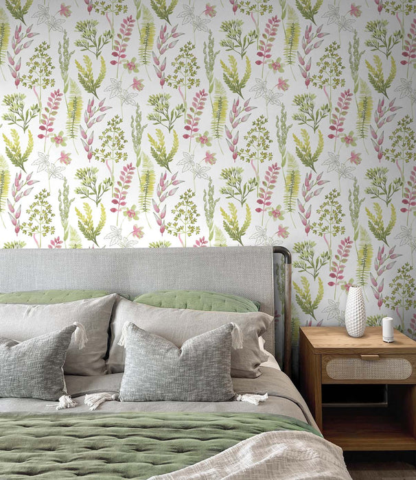 NextWall Wild Garden Lemongrass & Posy Pink Wallpaper NW45407