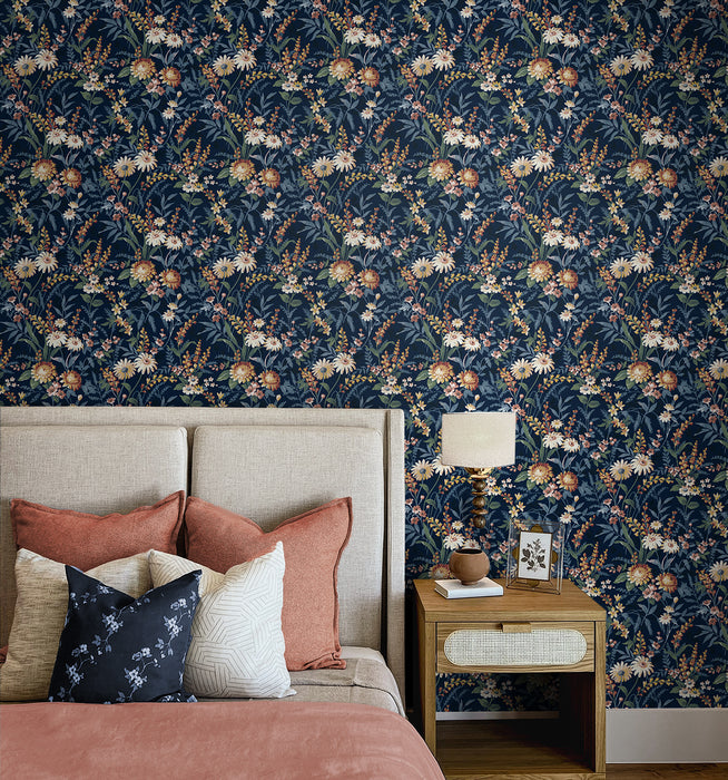 NextWall Vintage Floral Navy Blue Wallpaper NW45702