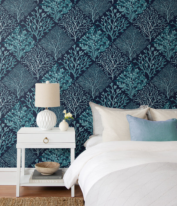 NextWall Seaweed Teal & Navy Blue Wallpaper NW45803