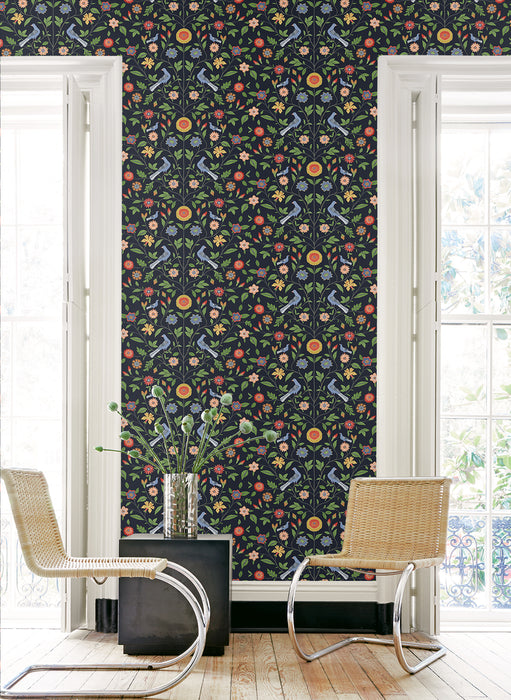 NextWall Bird Toile Midnight Blue Wallpaper NW45902