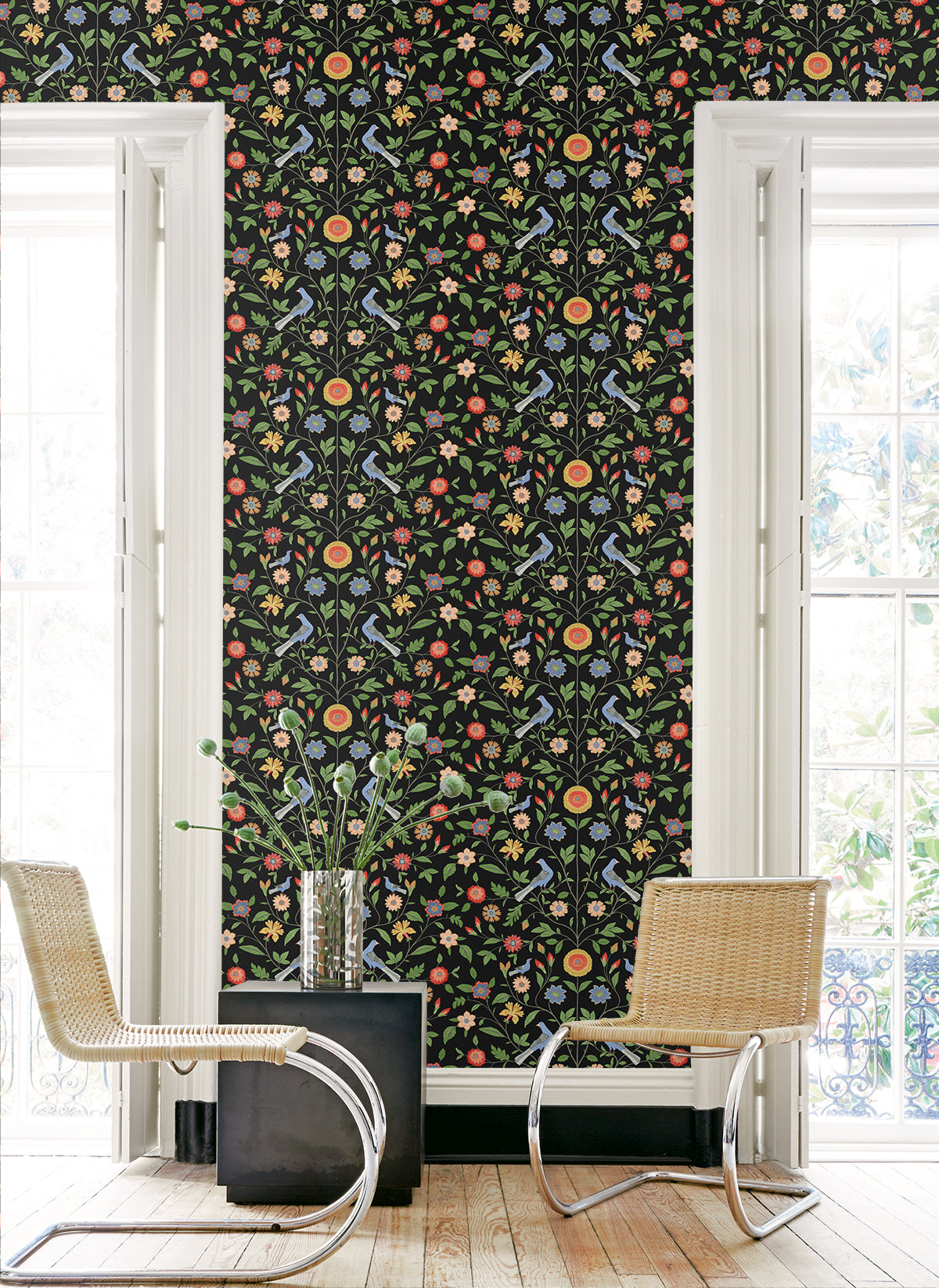NextWall Bird Toile Onyx Wallpaper Sample NW45910