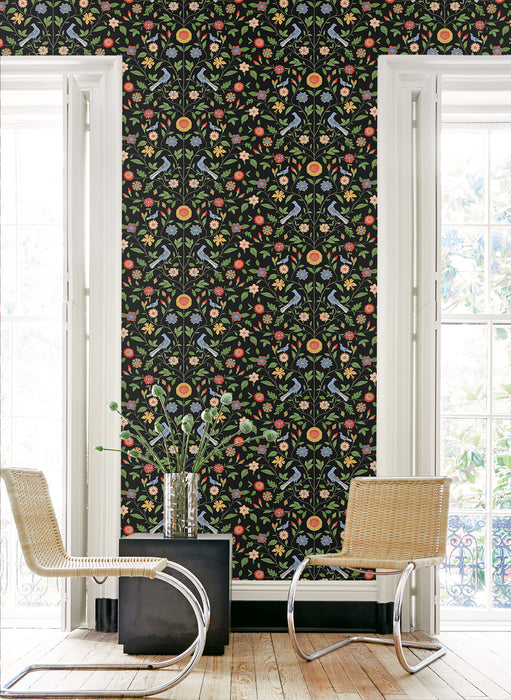 NextWall Bird Toile Onyx Wallpaper NW45910