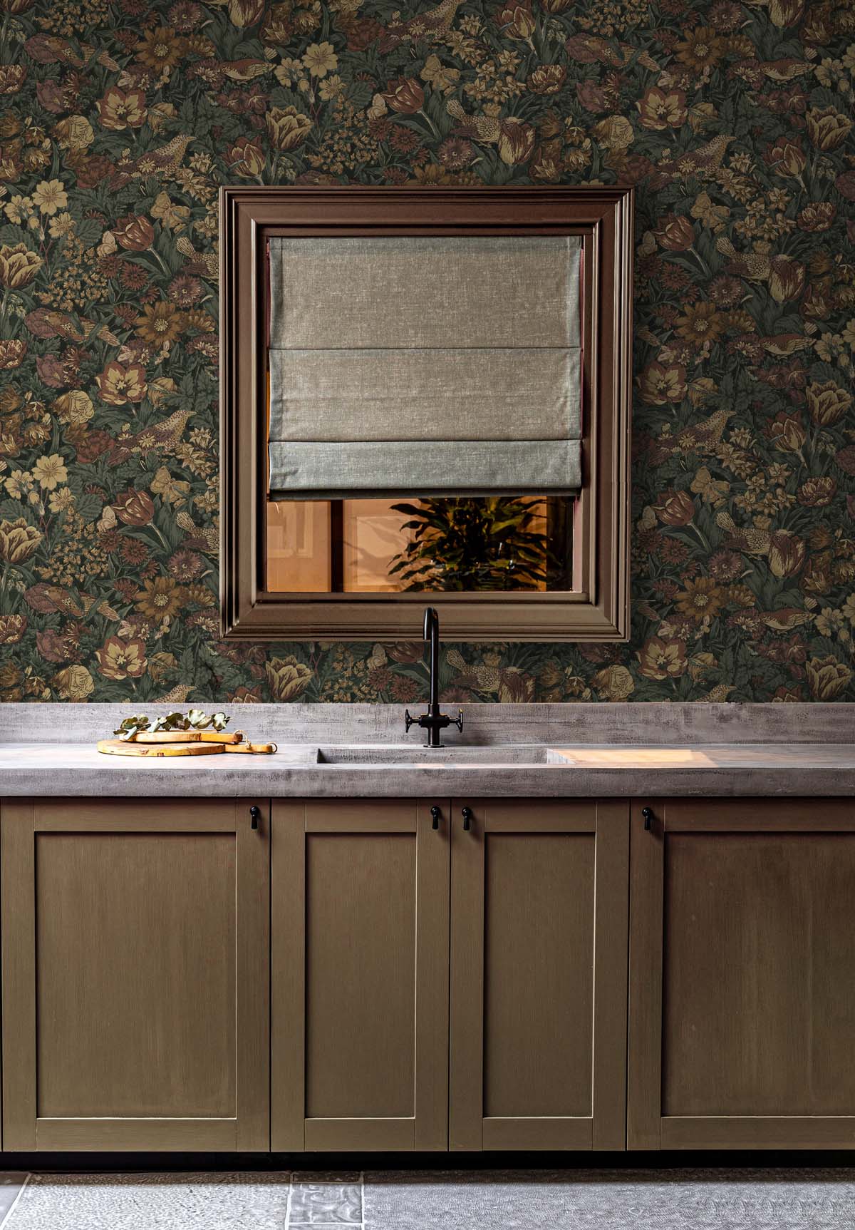 NextWall Bird Floral Mahogany & Graphite Wallpaper Sample NW46008