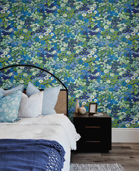 NextWall Floral Meadow Bright Blue & Sap Green Wallpaper NW46102