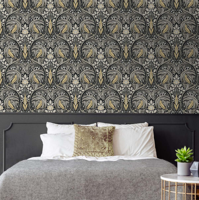 NextWall Bird Ogee Ebony & Sepia Wallpaper NW46200