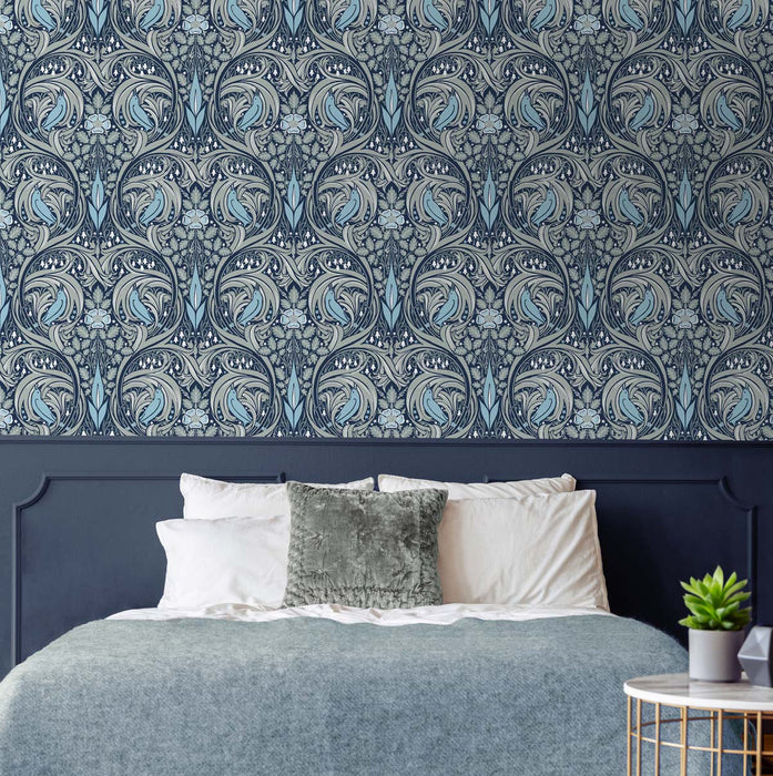 NextWall Bird Ogee Navy & Sky Blue Wallpaper NW46202