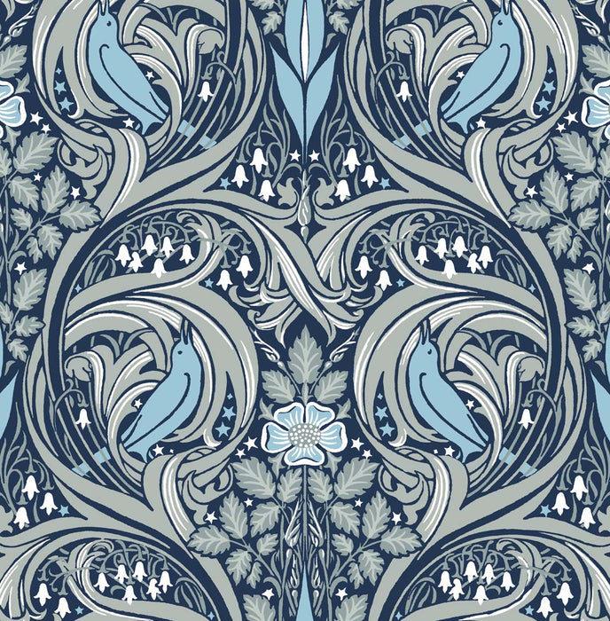 NextWall Bird Ogee Navy & Sky Blue Wallpaper Sample NW46202