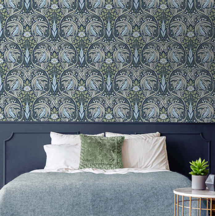 NextWall Bird Ogee Navy & Fern Green Wallpaper Sample NW46204