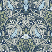NextWall Bird Ogee Navy & Fern Green Wallpaper NW46204
