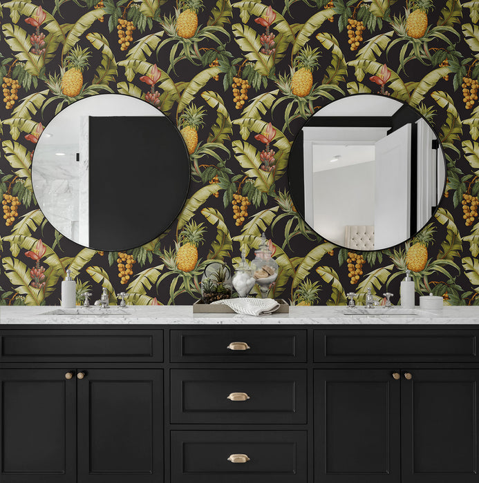 NextWall Pineapple Floral Ebony Wallpaper NW46300