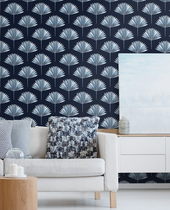 NextWall Tropical Fan Palm Navy Blue Wallpaper NW46502