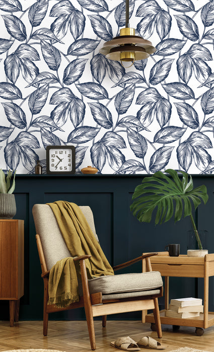NextWall Sketched Leaves Navy Blue Wallpaper NW46902