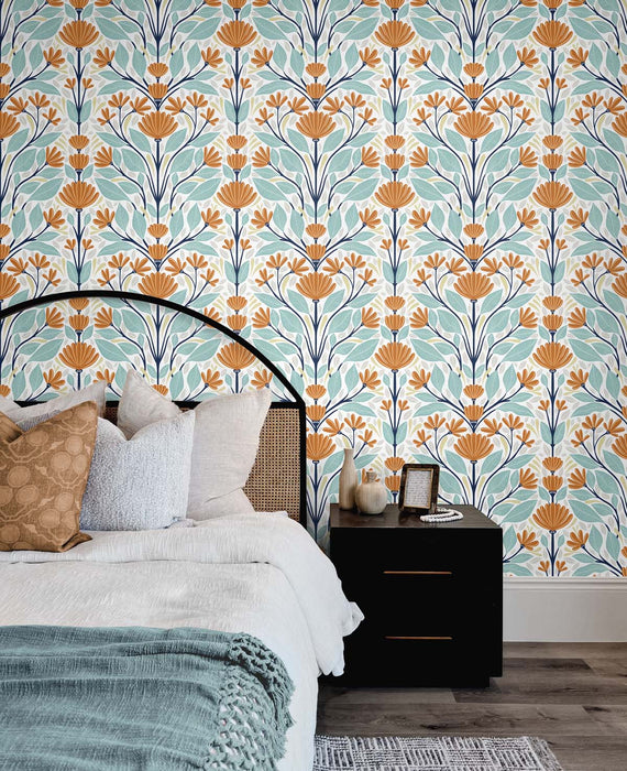 NextWall Folk Floral Verdigris & Orange Wallpaper NW47101