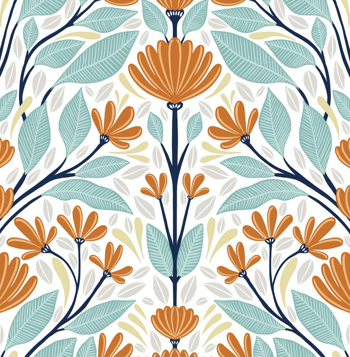 NextWall Folk Floral Verdigris & Orange Wallpaper Sample NW47101