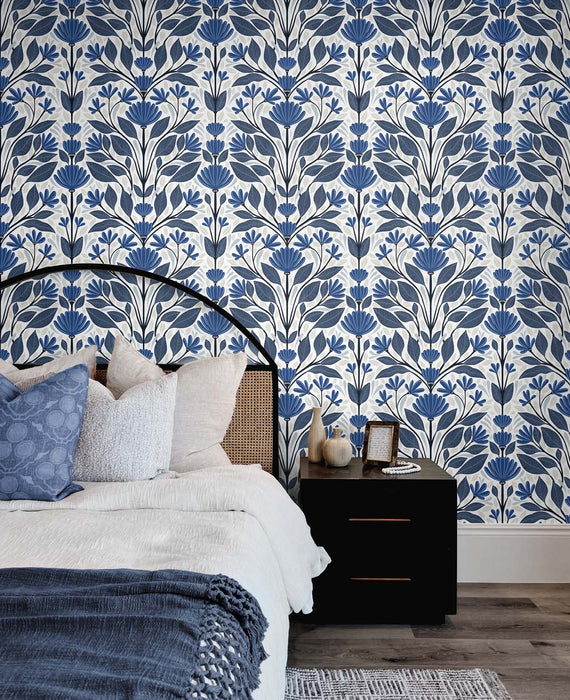 NextWall Folk Floral Blue Sapphire & Pavestone Wallpaper NW47102