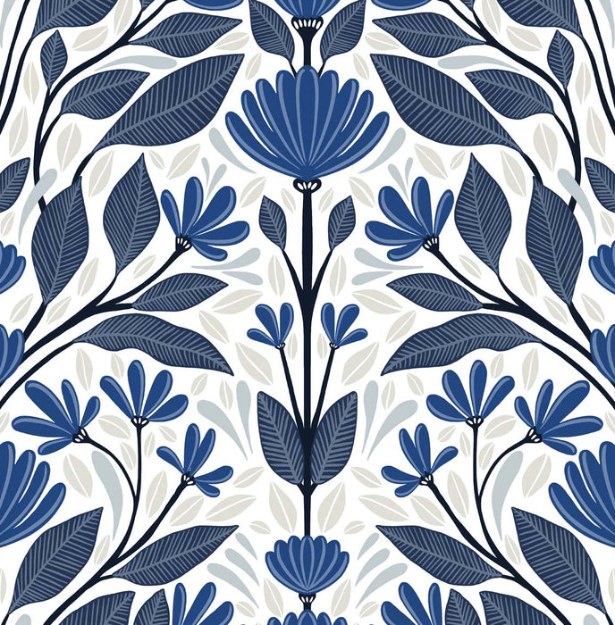 NextWall Folk Floral Blue Sapphire & Pavestone Wallpaper Sample NW47102