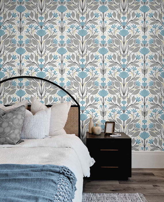 NextWall Folk Floral Blue Patina & Wheat Wallpaper NW47104
