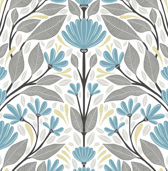 NextWall Folk Floral Blue Patina & Wheat Wallpaper Sample NW47104