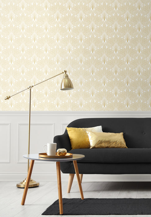 NextWall Peacock Leaves Metallic Gold Wallpaper NW47305