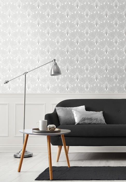 NextWall Peacock Leaves Metallic Silver Wallpaper NW47308