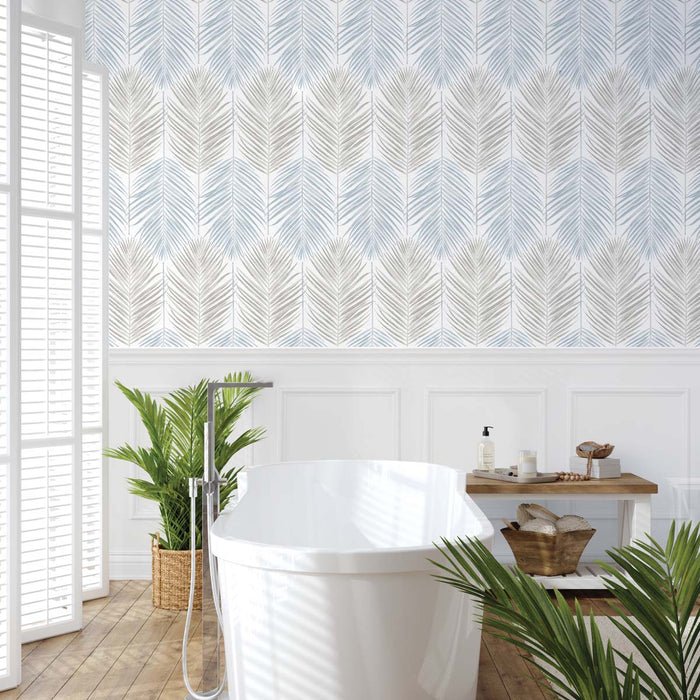NextWall Two Toned Palm Blue Mist & Daydream Grey Wallpaper NW47900