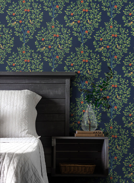 NextWall Fruit Tree Navy Blue & Greenery Wallpaper NW48102