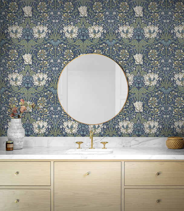 NextWall Ogee Flora Indigo Dye & Sage Wallpaper NW48202