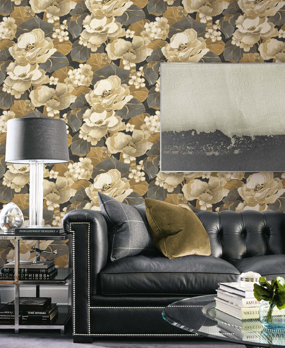 NextWall Nouveau Floral Ebony & Antique Gold Wallpaper NW49600
