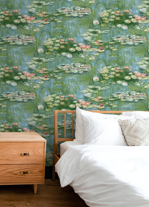 NextWall Lily Pond Olive & Sky Blue Wallpaper NW50002