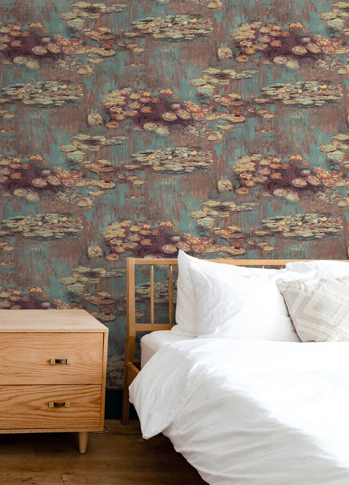 NextWall Lily Pond Rust & Deep Sea Wallpaper Sample NW50006