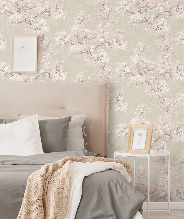 NextWall Cherry Blossom Grove Parchment & Rose Wallpaper NW50101