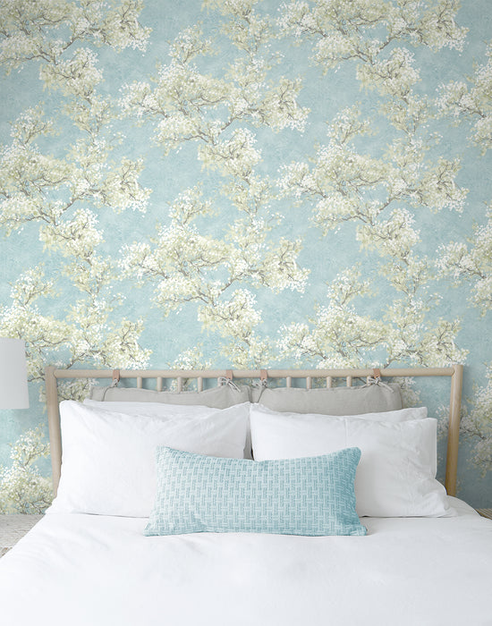 NextWall Cherry Blossom Grove Blue Mist & Green Tea Wallpaper NW50102